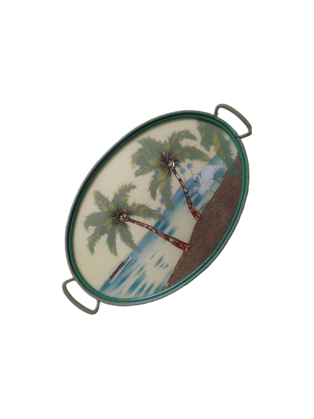 Vintage rattan mother of pearl Tray w.Palm trees and storks